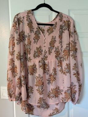 1X Ophelia Roe Light Pink Paisley Pleated Peasant Blouse